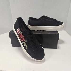 bebe Sport Valle Black Sneakers with Red Floral Embroidery Women's Size 6